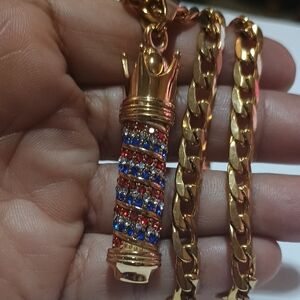 Gold Plated and Multicolor Pendant BARBER POLE Steel Pendant Necklace Cuban 22"